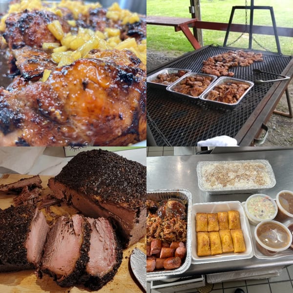 A collage of barbecue dishes, including grilled chicken, sliced brisket, and various sides.