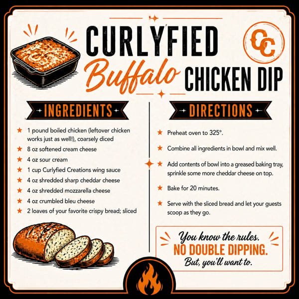 A recipe card for Curlyfied Buffalo Chicken Dip with ingredients, directions, and a baked dip illustration.