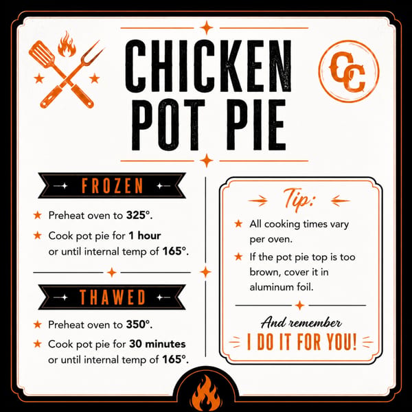 A graphic with cooking instructions for frozen and thawed chicken pot pie, including tips.