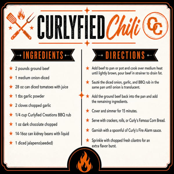 A recipe card for "Curlyfied Chili" with ingredients and directions listed on a black background.